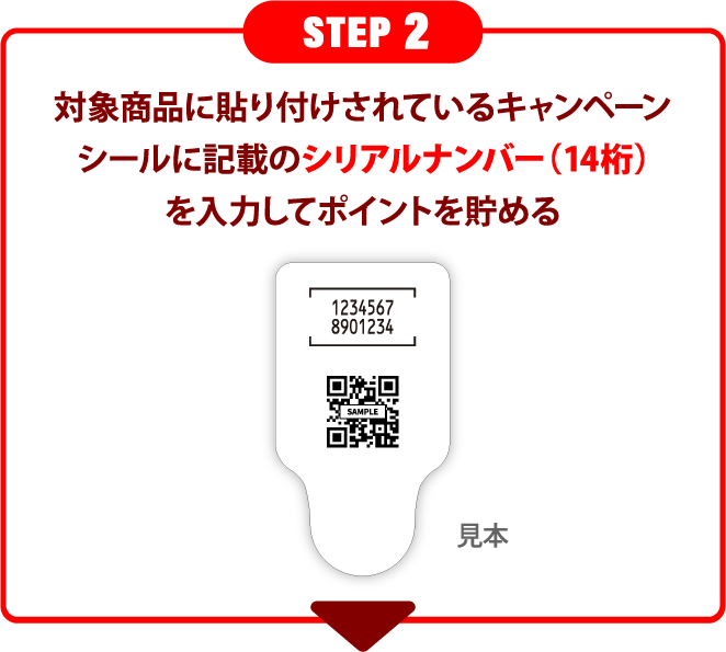 STEP 2 対象商品に貼り付けされているキャンペーンシールに記載のシリアルナンバー（14桁）を入力してポイントを貯める
